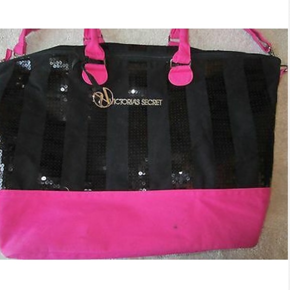 Victoria’s Secret Black Pink Sequined Tote Duffle Bag Shoulder Strap Good Size - Picture 2 of 9